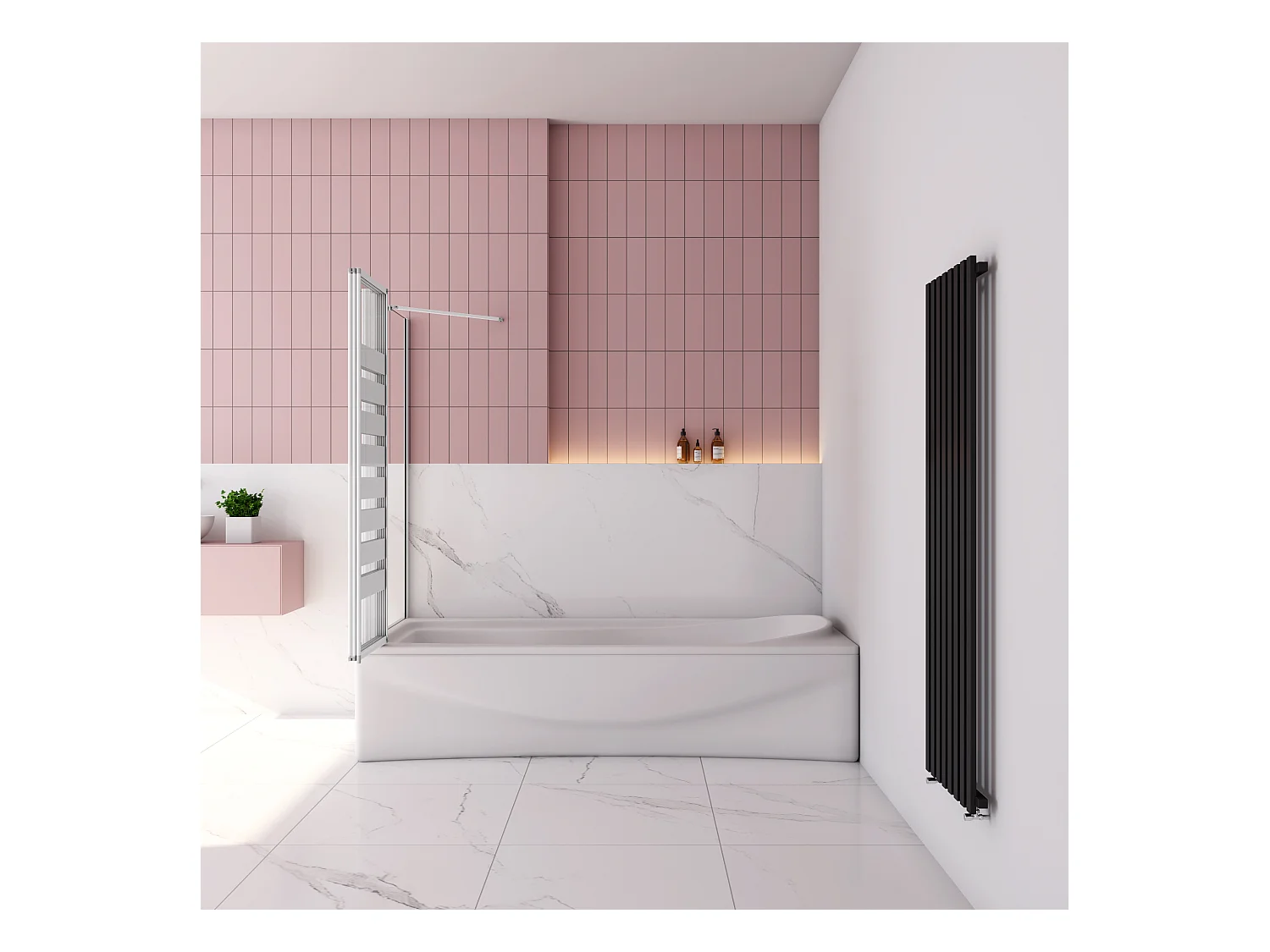 Badwand 3 panelen vouwbaar 100x140cm en zijwand 80cm,4mm NANO helder veiligheidsglas,mat zwarte profiel - linkerkant installeren