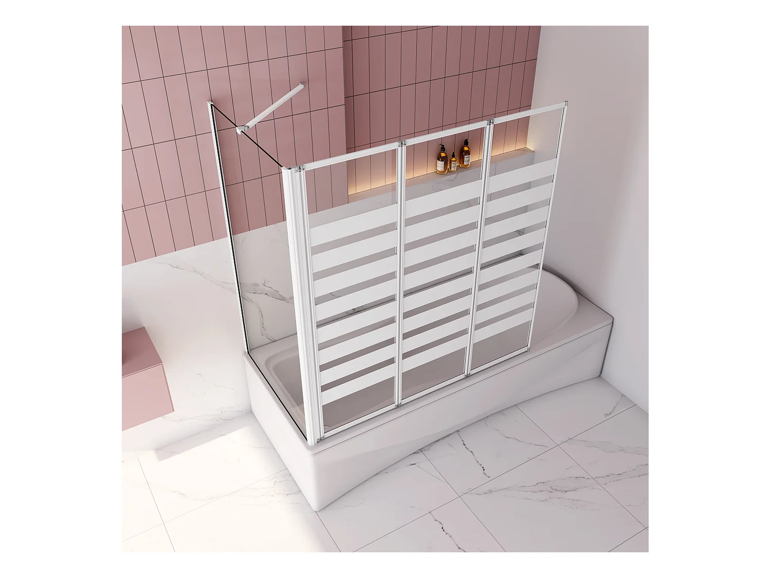 Badwand 3 panelen vouwbaar 100x140cm en zijwand 80cm,4mm NANO helder veiligheidsglas,mat zwarte profiel - linkerkant installeren