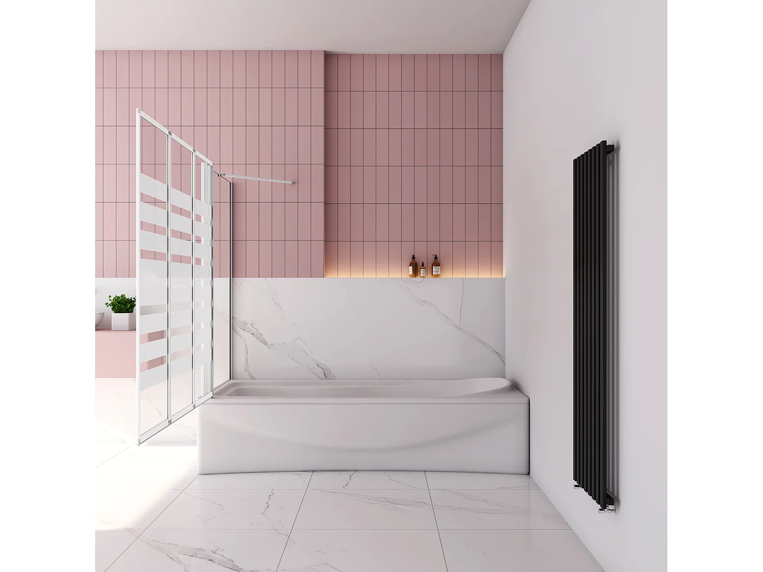 Badwand 3 panelen vouwbaar 100x140cm en zijwand 80cm,4mm NANO helder veiligheidsglas,mat zwarte profiel - linkerkant installeren