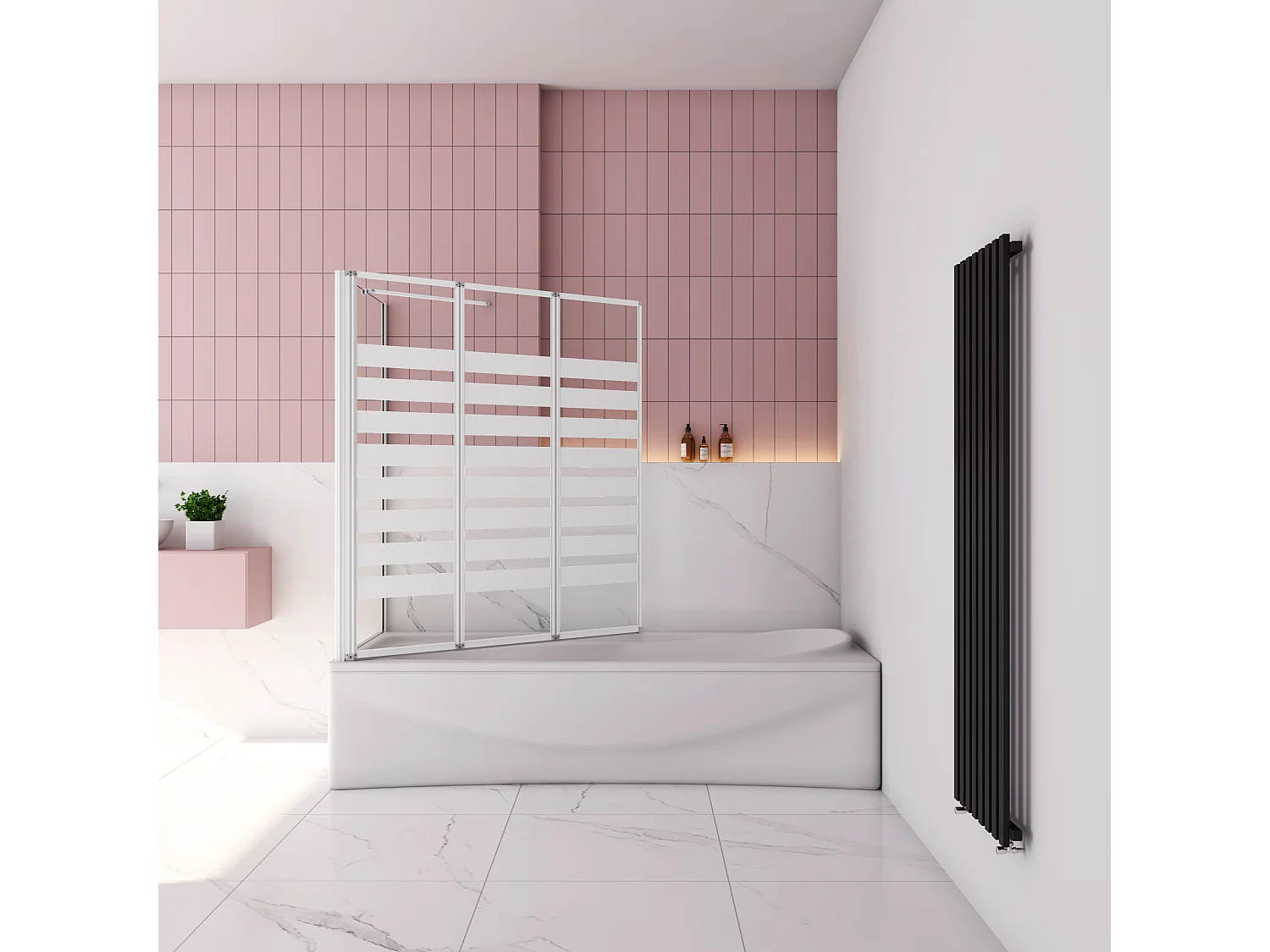 Badwand 3 panelen vouwbaar 100x140cm en zijwand 80cm,4mm NANO helder veiligheidsglas,mat zwarte profiel - linkerkant installeren