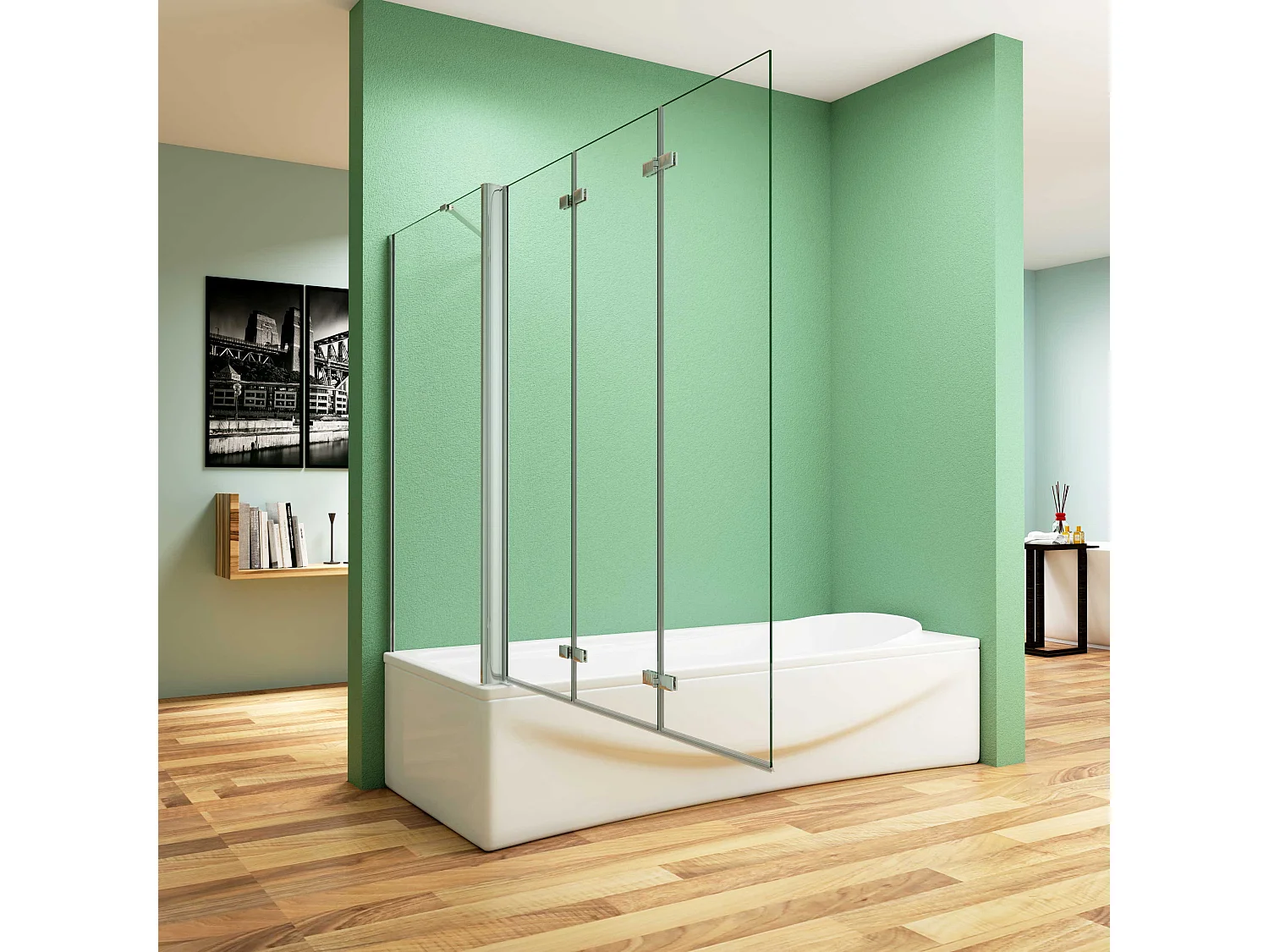 130x60x140cm Badscherm badwand 3 panelen vouwbaar met vast zijwand,6mm NANO helder ESG-veiligheidsglas,profiel van glanzend chroom