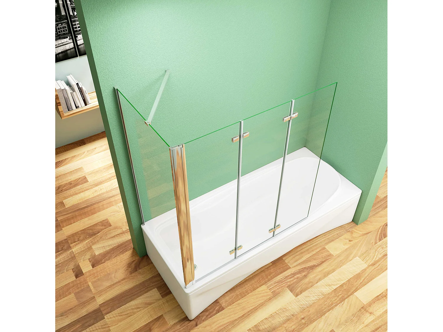 130x60x140cm Badscherm badwand 3 panelen vouwbaar met vast zijwand,6mm NANO helder ESG-veiligheidsglas,profiel van glanzend chroom