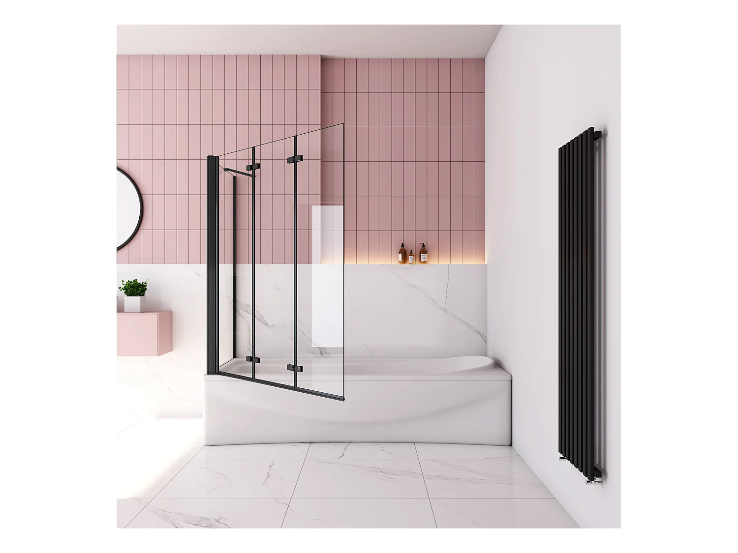 130x80x140cm Badscherm badwand 3 panelen vouwbaar met vast zijwand,6mm NANO helder ESG-veiligheidsglas- mat zwart profiel