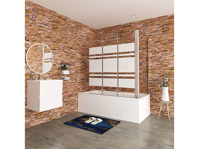 130x70x140cm Badwand 3 panelen vouwbaar met vast zijwand,6 mm nano helder veiligheidsglas met horizontale strepen - glanzend chroom
