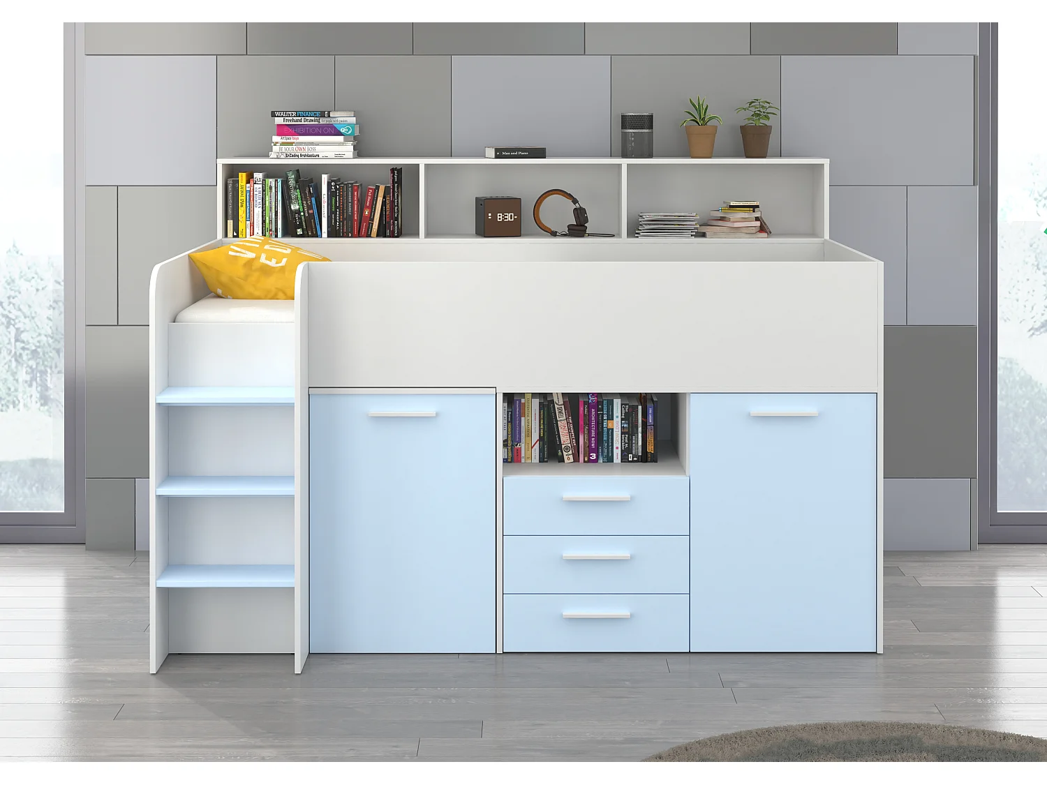 NEO L Etagenbett mit Schreibtisch, Schubladen und Regalen – weiß/blau, modernes Möbelstück für Kinderzimmer, sichere Leiter, Schlafbereich 80x200 cm