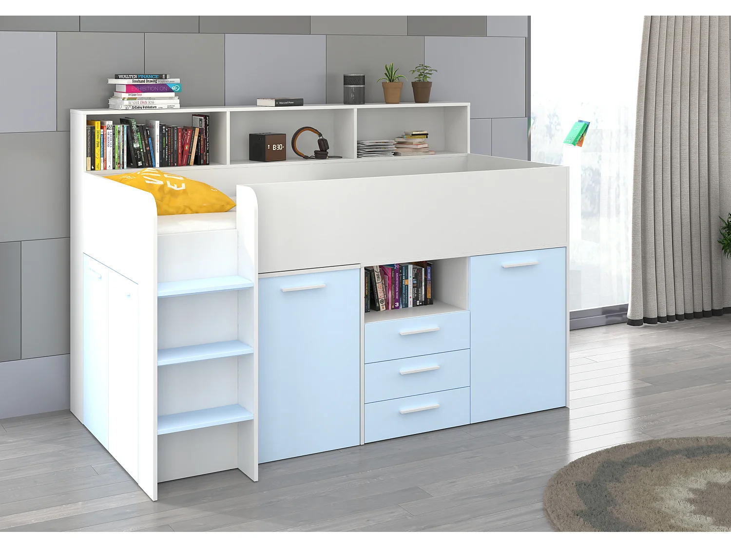 NEO L Etagenbett mit Schreibtisch, Schubladen und Regalen – weiß/blau, modernes Möbelstück für Kinderzimmer, sichere Leiter, Schlafbereich 80x200 cm