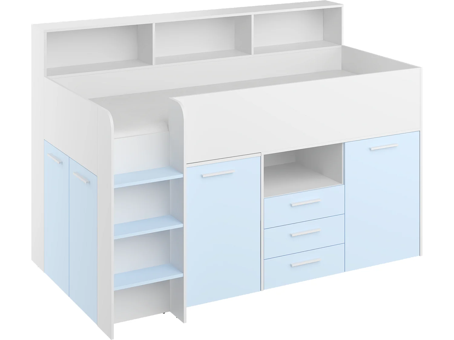 NEO L Etagenbett mit Schreibtisch, Schubladen und Regalen – weiß/blau, modernes Möbelstück für Kinderzimmer, sichere Leiter, Schlafbereich 80x200 cm