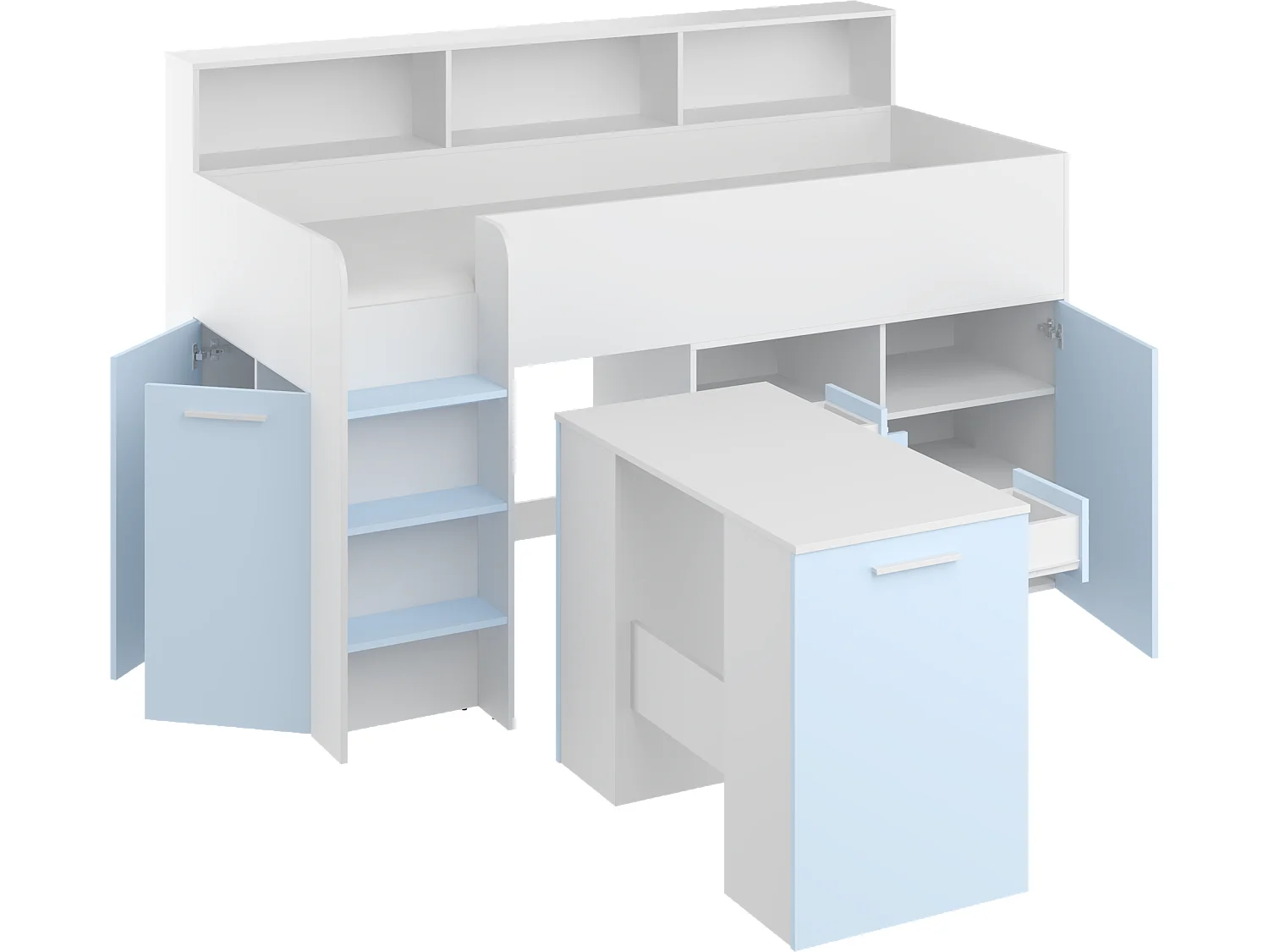 NEO L Etagenbett mit Schreibtisch, Schubladen und Regalen – weiß/blau, modernes Möbelstück für Kinderzimmer, sichere Leiter, Schlafbereich 80x200 cm