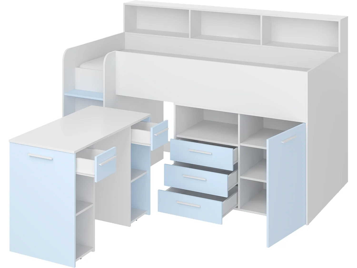 NEO L Etagenbett mit Schreibtisch, Schubladen und Regalen – weiß/blau, modernes Möbelstück für Kinderzimmer, sichere Leiter, Schlafbereich 80x200 cm