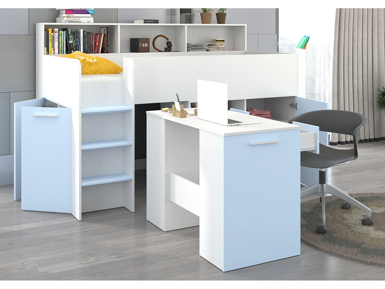 NEO L Etagenbett mit Schreibtisch, Schubladen und Regalen – weiß/blau, modernes Möbelstück für Kinderzimmer, sichere Leiter, Schlafbereich 80x200 cm