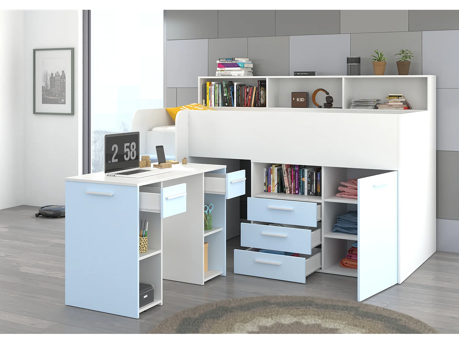 NEO L Etagenbett mit Schreibtisch, Schubladen und Regalen – weiß/blau, modernes Möbelstück für Kinderzimmer, sichere Leiter, Schlafbereich 80x200 cm