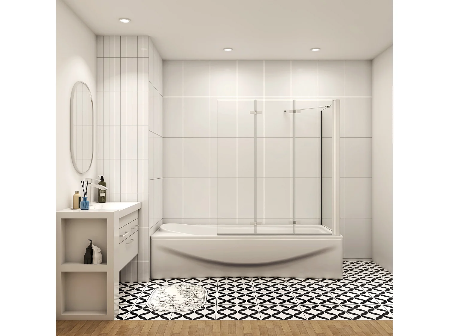 130x75x140cm Badscherm badwand 3 panelen vouwbaar met vast zijwand,6mm NANO helder ESG-veiligheidsglas - mat wit profiel