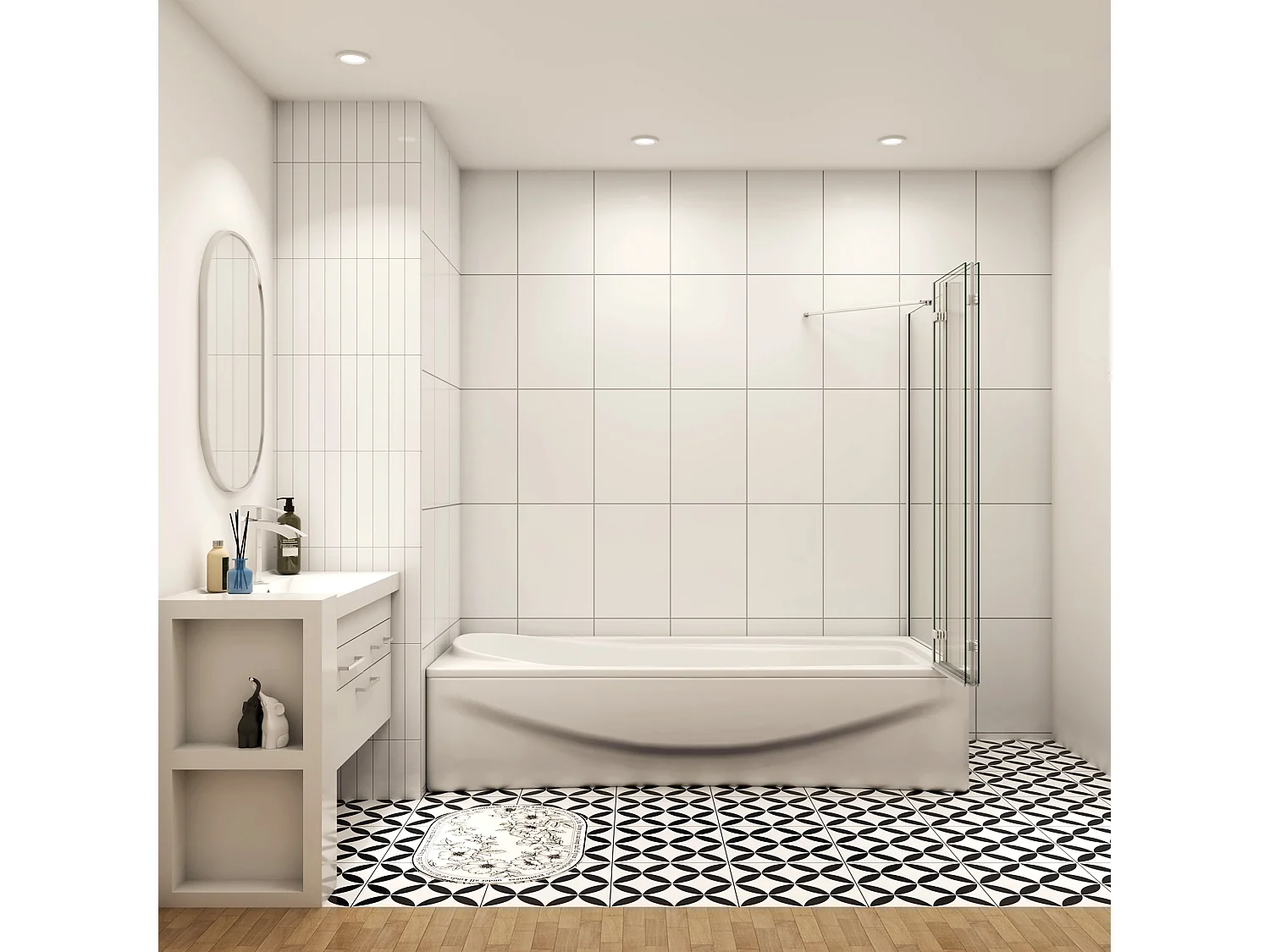 130x75x140cm Badscherm badwand 3 panelen vouwbaar met vast zijwand,6mm NANO helder ESG-veiligheidsglas - mat wit profiel