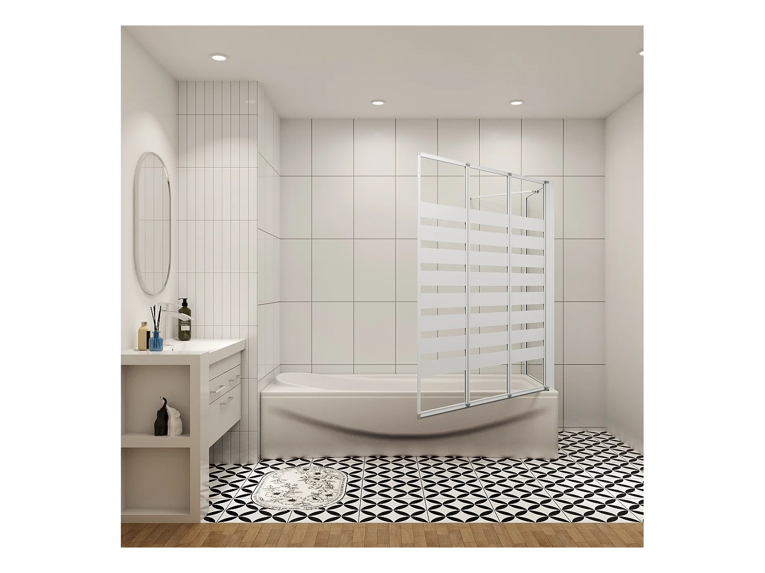 Badwand 3 panelen vouwbaar 100x140cm en zijwand 75cm,4mm NANO helder veiligheidsglas,mat zwarte profiel - rechterkant installeren