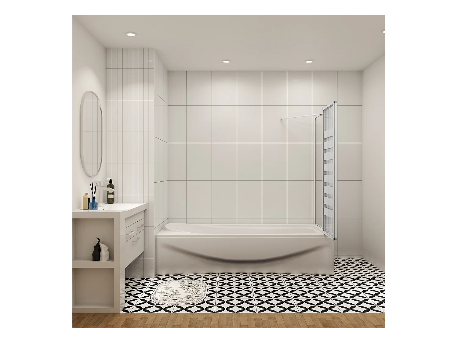 Badwand 3 panelen vouwbaar 100x140cm en zijwand 75cm,4mm NANO helder veiligheidsglas,mat zwarte profiel - rechterkant installeren