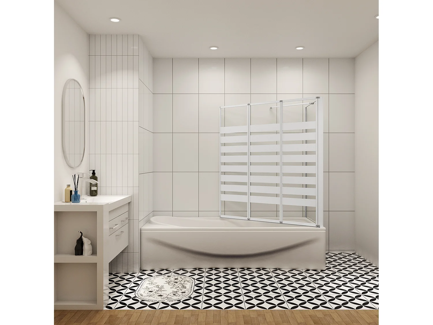 Badwand 3 panelen vouwbaar 100x140cm en zijwand 75cm,4mm NANO helder veiligheidsglas,mat zwarte profiel - rechterkant installeren