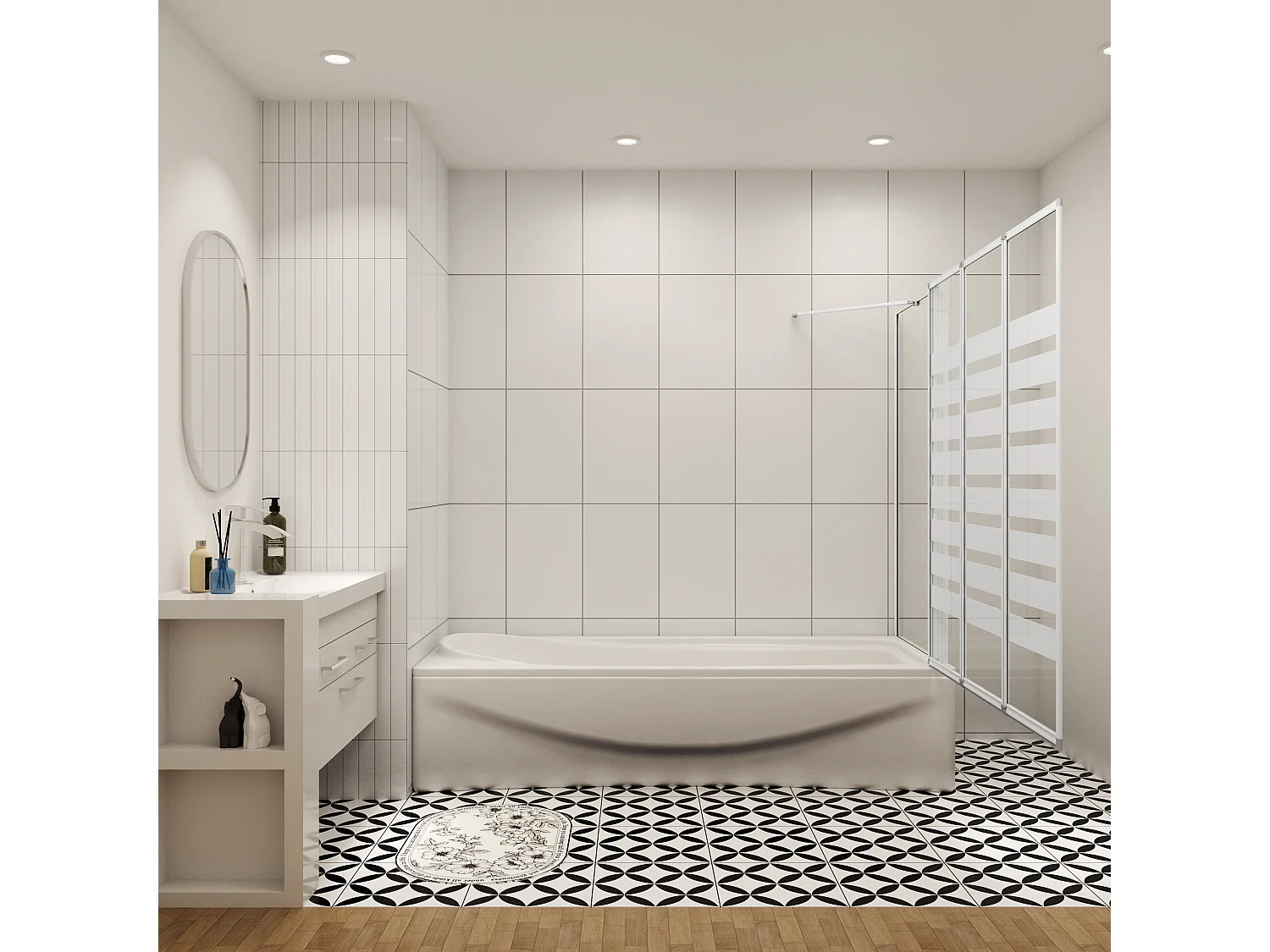 Badwand 3 panelen vouwbaar 100x140cm en zijwand 75cm,4mm NANO helder veiligheidsglas,mat zwarte profiel - rechterkant installeren