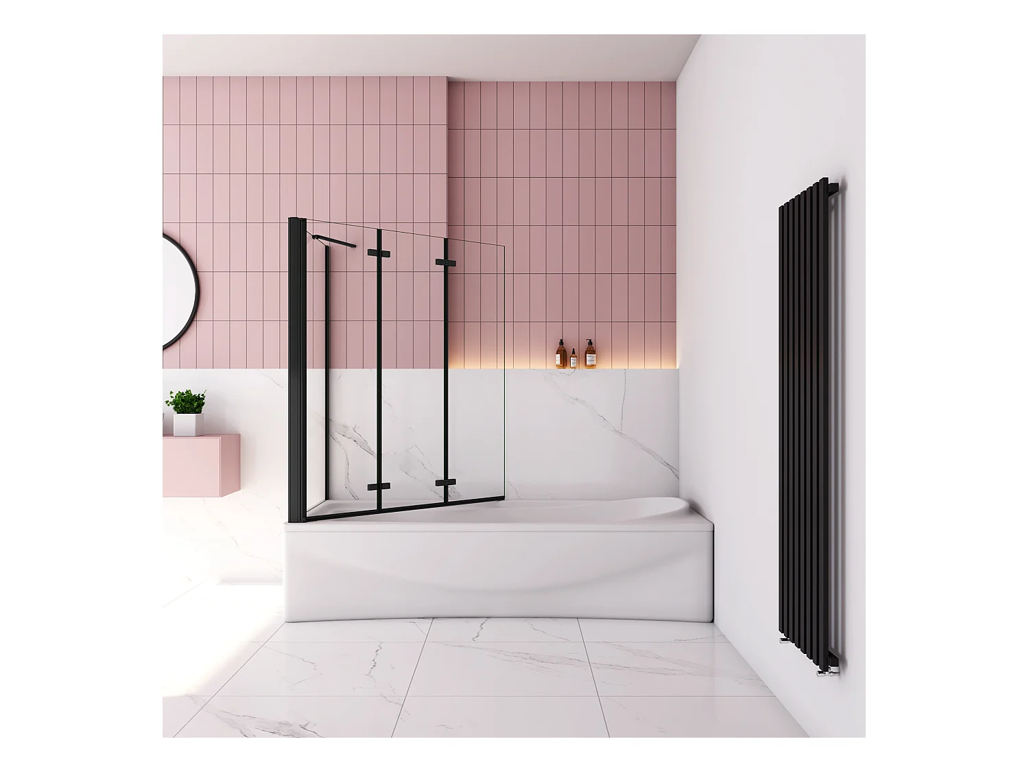 130x70x140cm Badscherm badwand 3 panelen vouwbaar met vast zijwand,6mm NANO helder ESG-veiligheidsglas- mat zwart profiel