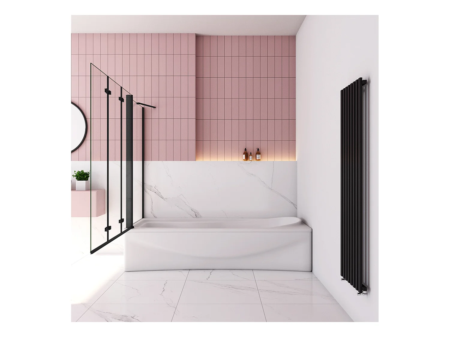 130x70x140cm Badscherm badwand 3 panelen vouwbaar met vast zijwand,6mm NANO helder ESG-veiligheidsglas- mat zwart profiel