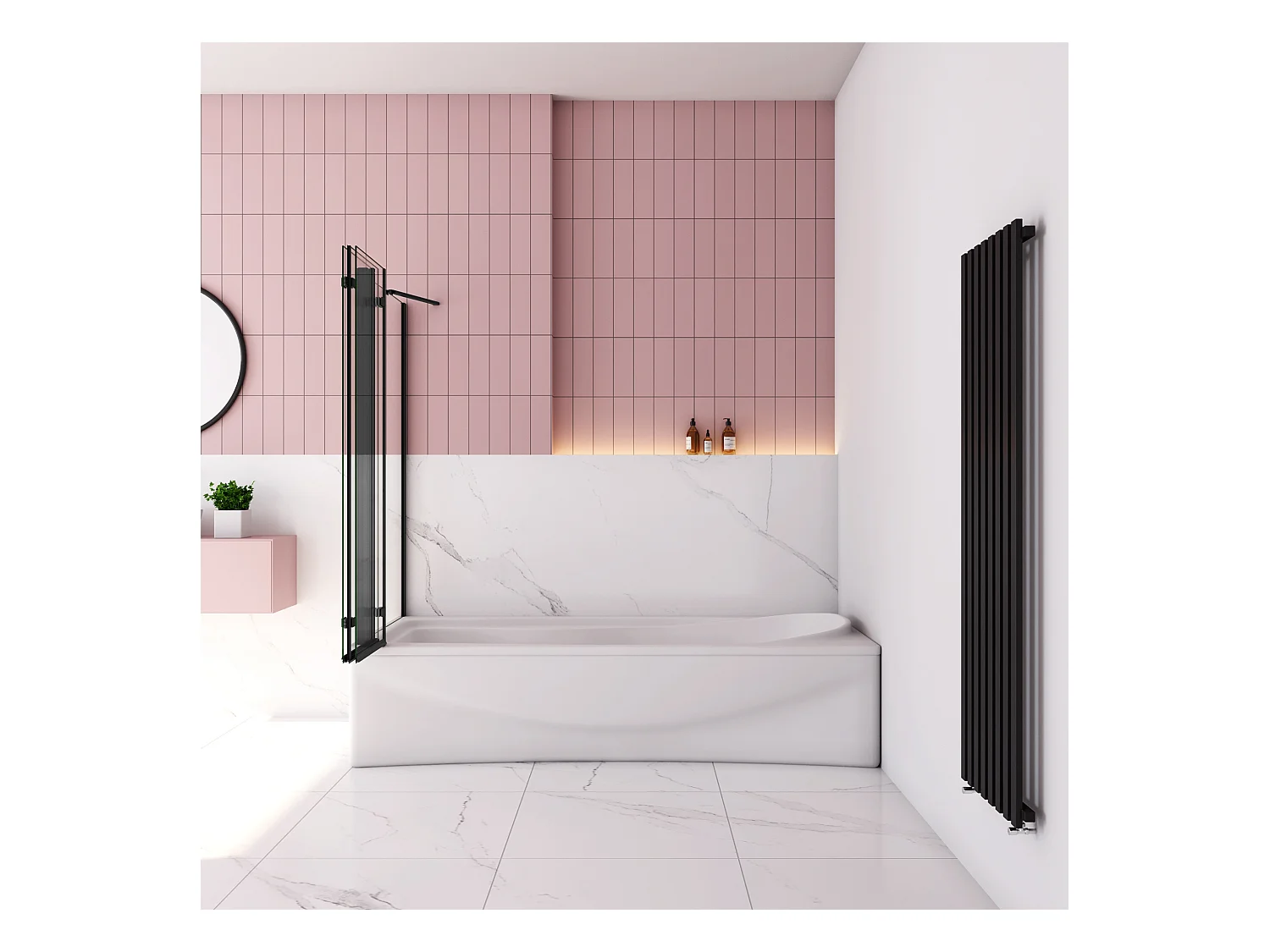 130x70x140cm Badscherm badwand 3 panelen vouwbaar met vast zijwand,6mm NANO helder ESG-veiligheidsglas- mat zwart profiel