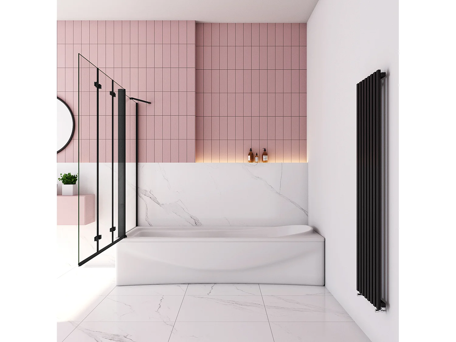 130x70x140cm Badscherm badwand 3 panelen vouwbaar met vast zijwand,6mm NANO helder ESG-veiligheidsglas- mat zwart profiel