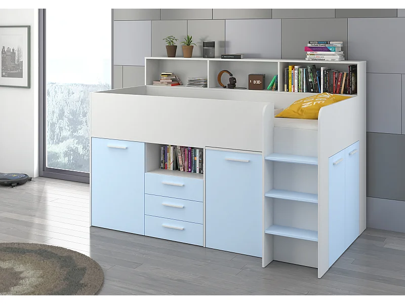 NEO P Etagenbett mit Schreibtisch, Schubladen und Regalen – weiß/blau, modernes Möbelstück für Kinderzimmer, sichere Leiter, Schlafbereich 80x200 cm