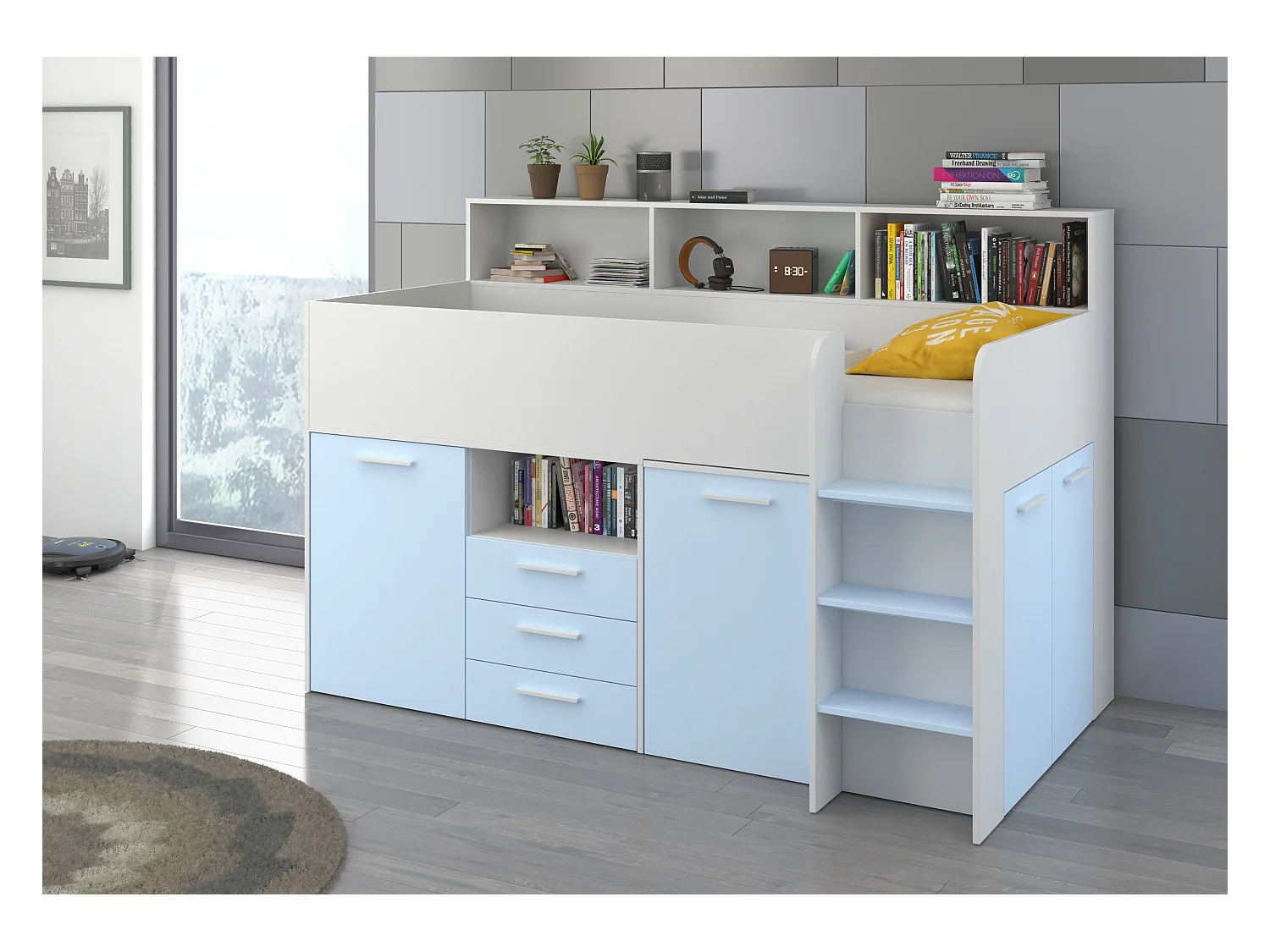 NEO P Etagenbett mit Schreibtisch, Schubladen und Regalen – weiß/blau, modernes Möbelstück für Kinderzimmer, sichere Leiter, Schlafbereich 80x200 cm