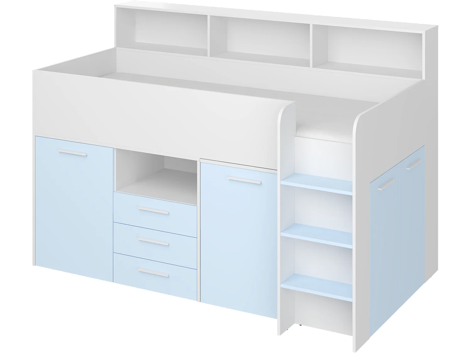 NEO P Etagenbett mit Schreibtisch, Schubladen und Regalen – weiß/blau, modernes Möbelstück für Kinderzimmer, sichere Leiter, Schlafbereich 80x200 cm