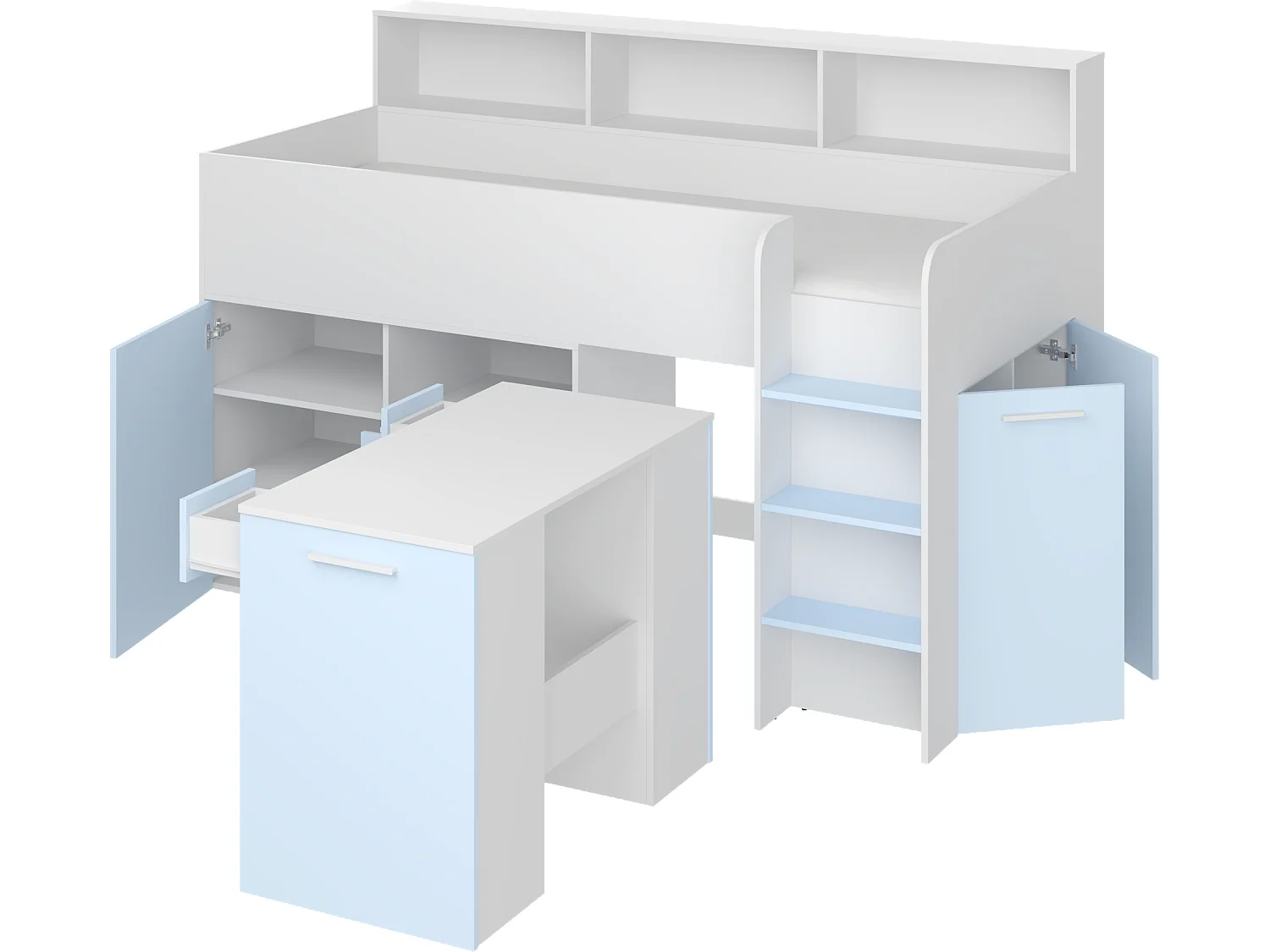 NEO P Etagenbett mit Schreibtisch, Schubladen und Regalen – weiß/blau, modernes Möbelstück für Kinderzimmer, sichere Leiter, Schlafbereich 80x200 cm