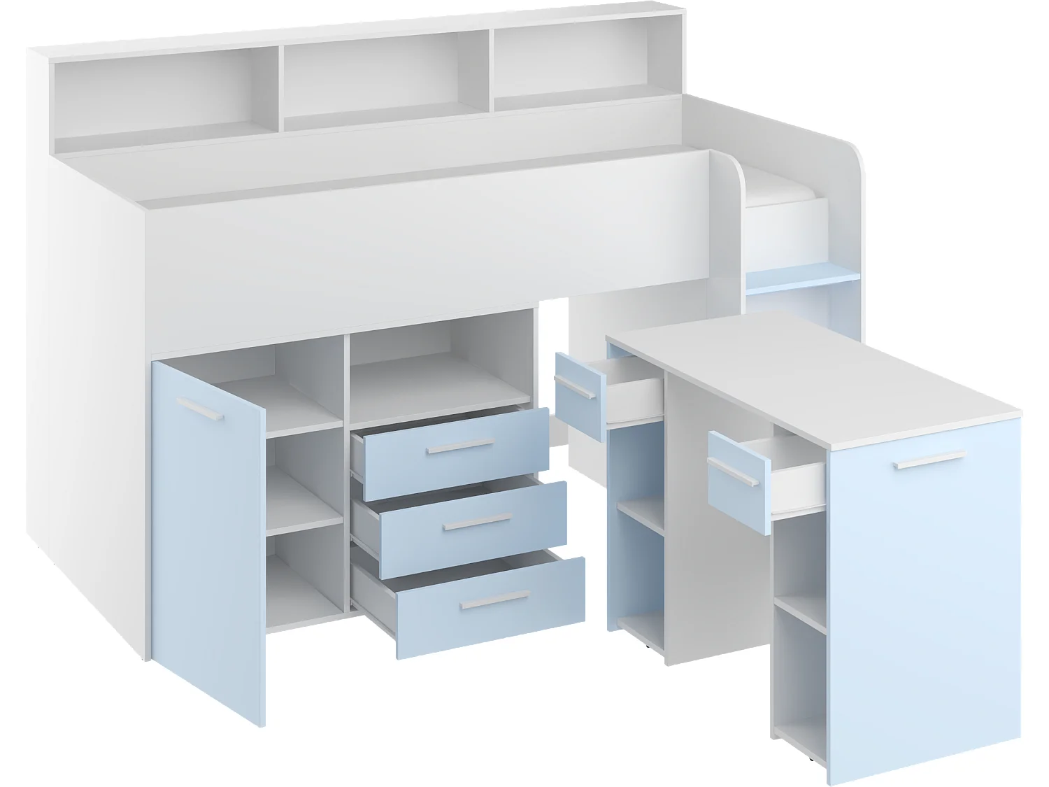 NEO P Etagenbett mit Schreibtisch, Schubladen und Regalen – weiß/blau, modernes Möbelstück für Kinderzimmer, sichere Leiter, Schlafbereich 80x200 cm