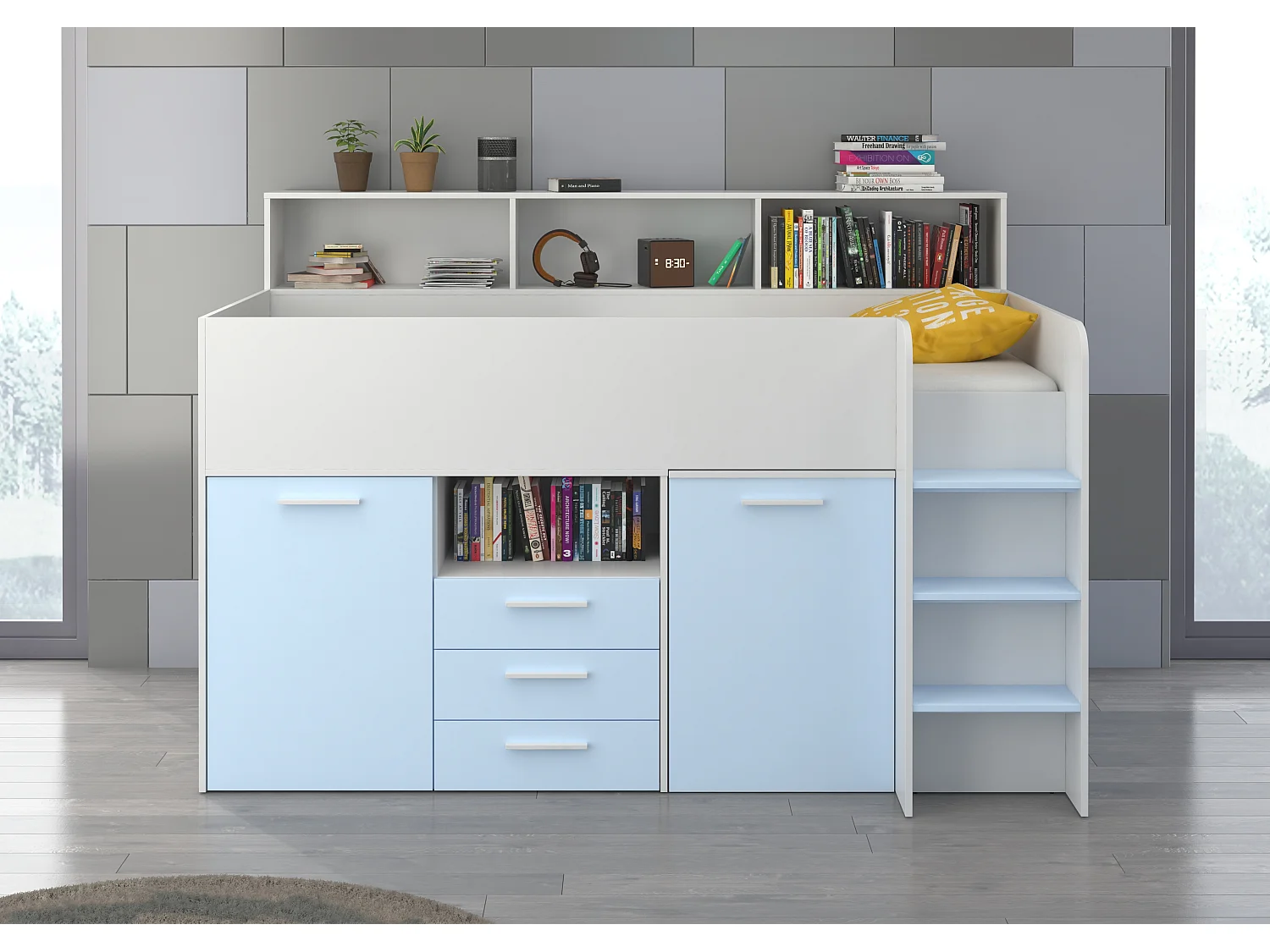 NEO P Etagenbett mit Schreibtisch, Schubladen und Regalen – weiß/blau, modernes Möbelstück für Kinderzimmer, sichere Leiter, Schlafbereich 80x200 cm