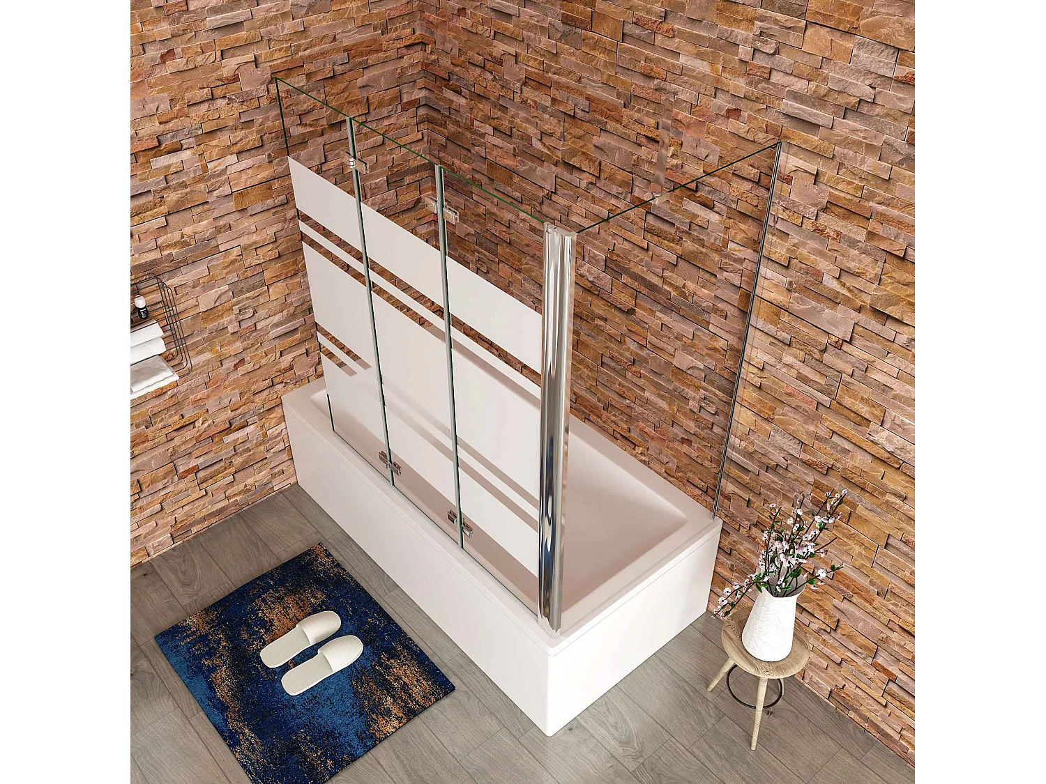 130x80x140cm Badwand 3 panelen vouwbaar met vast zijwand,6 mm nano helder veiligheidsglas met horizontale strepen - glanzend chroom