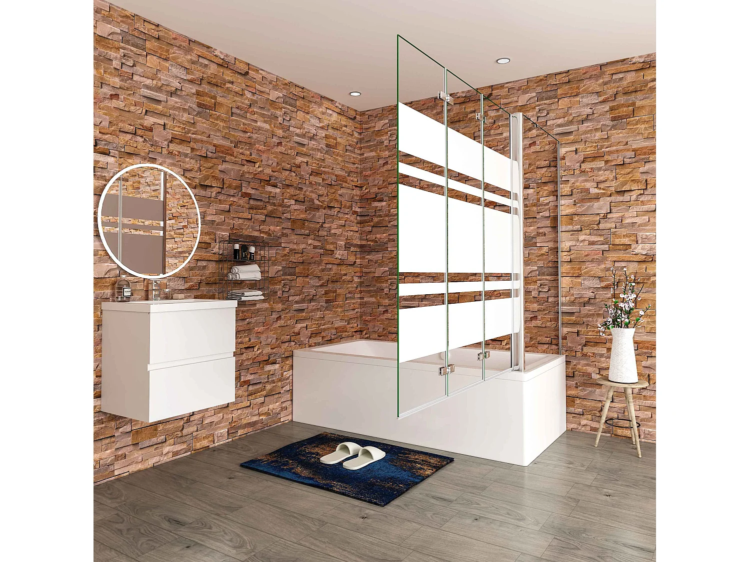 130x80x140cm Badwand 3 panelen vouwbaar met vast zijwand,6 mm nano helder veiligheidsglas met horizontale strepen - glanzend chroom