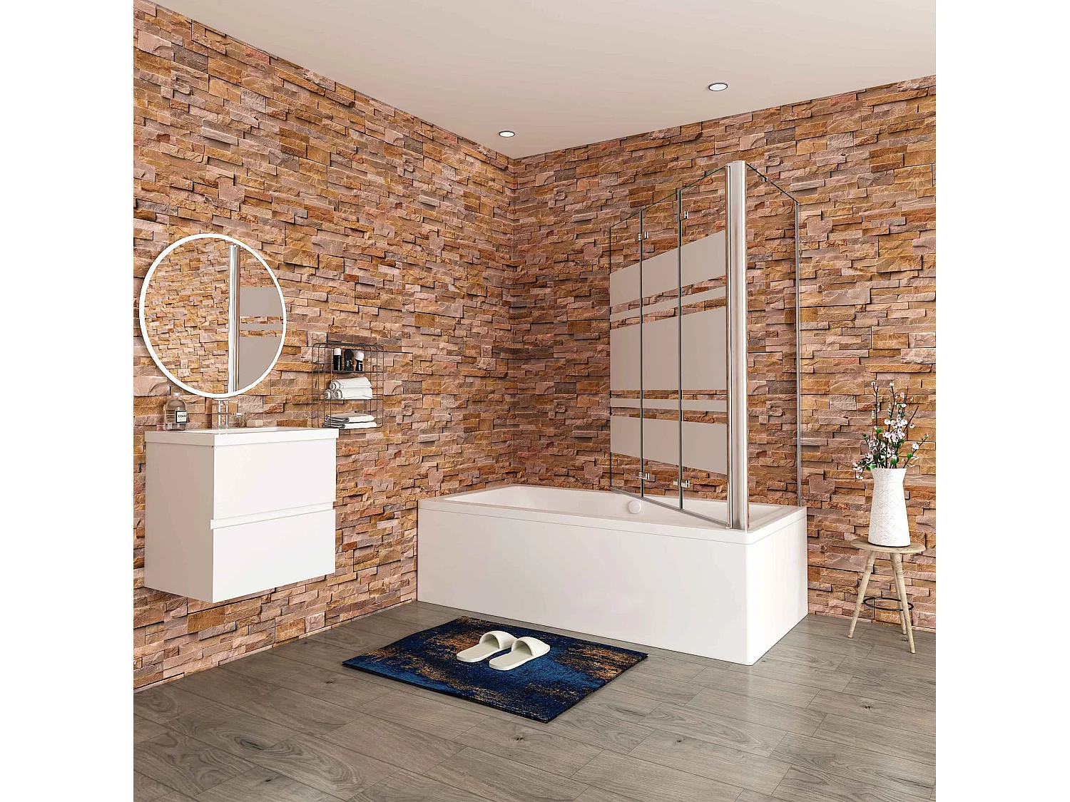 130x75x140cm Badwand 3 panelen vouwbaar met vast zijwand,6 mm nano helder veiligheidsglas met horizontale strepen - glanzend chroom