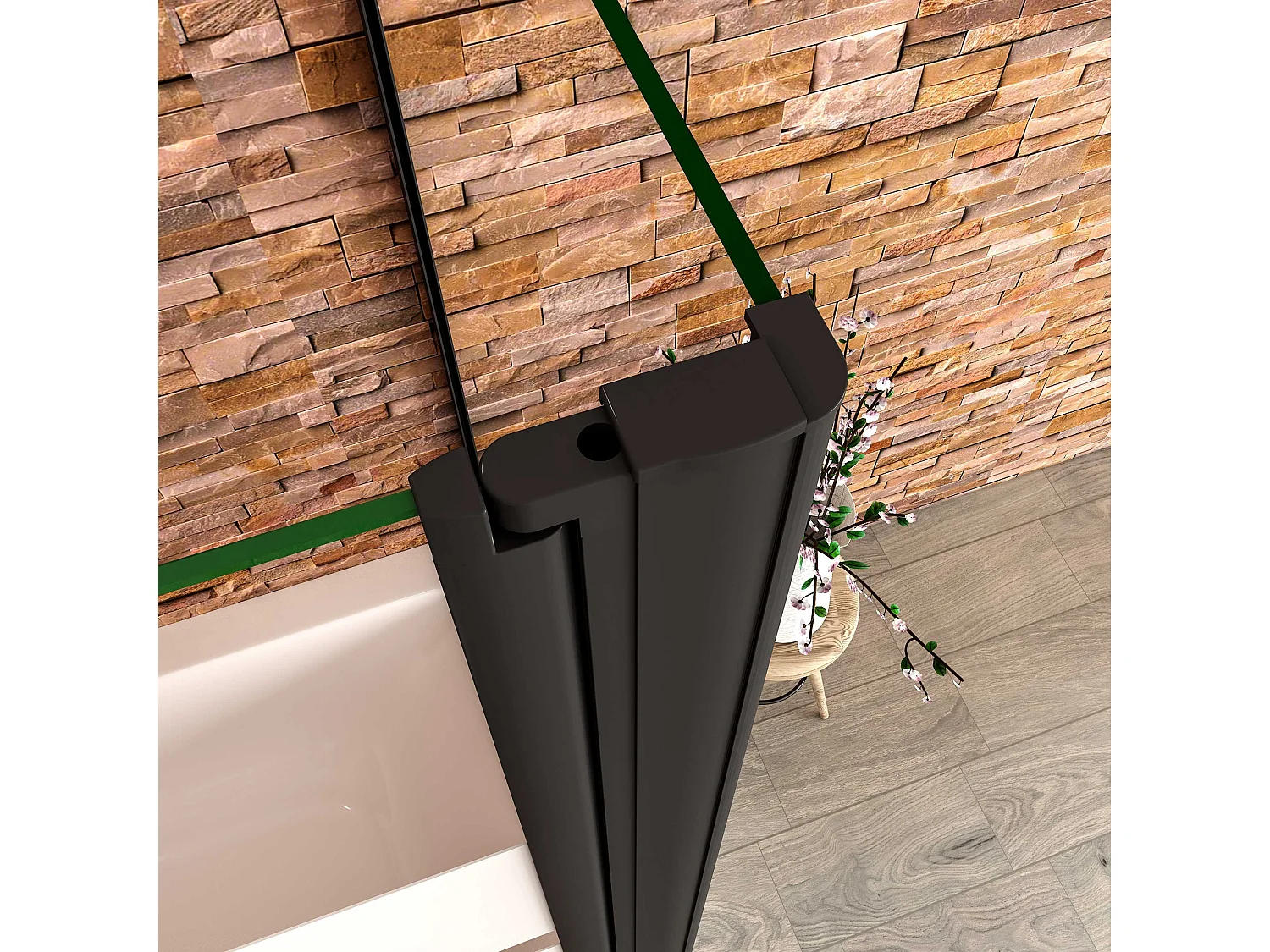 130x70x140cm Badwand 3 panelen vouwbaar met vast zijwand,6 mm nano helder veiligheidsglas met horizontale strepen - mat zwart profiel