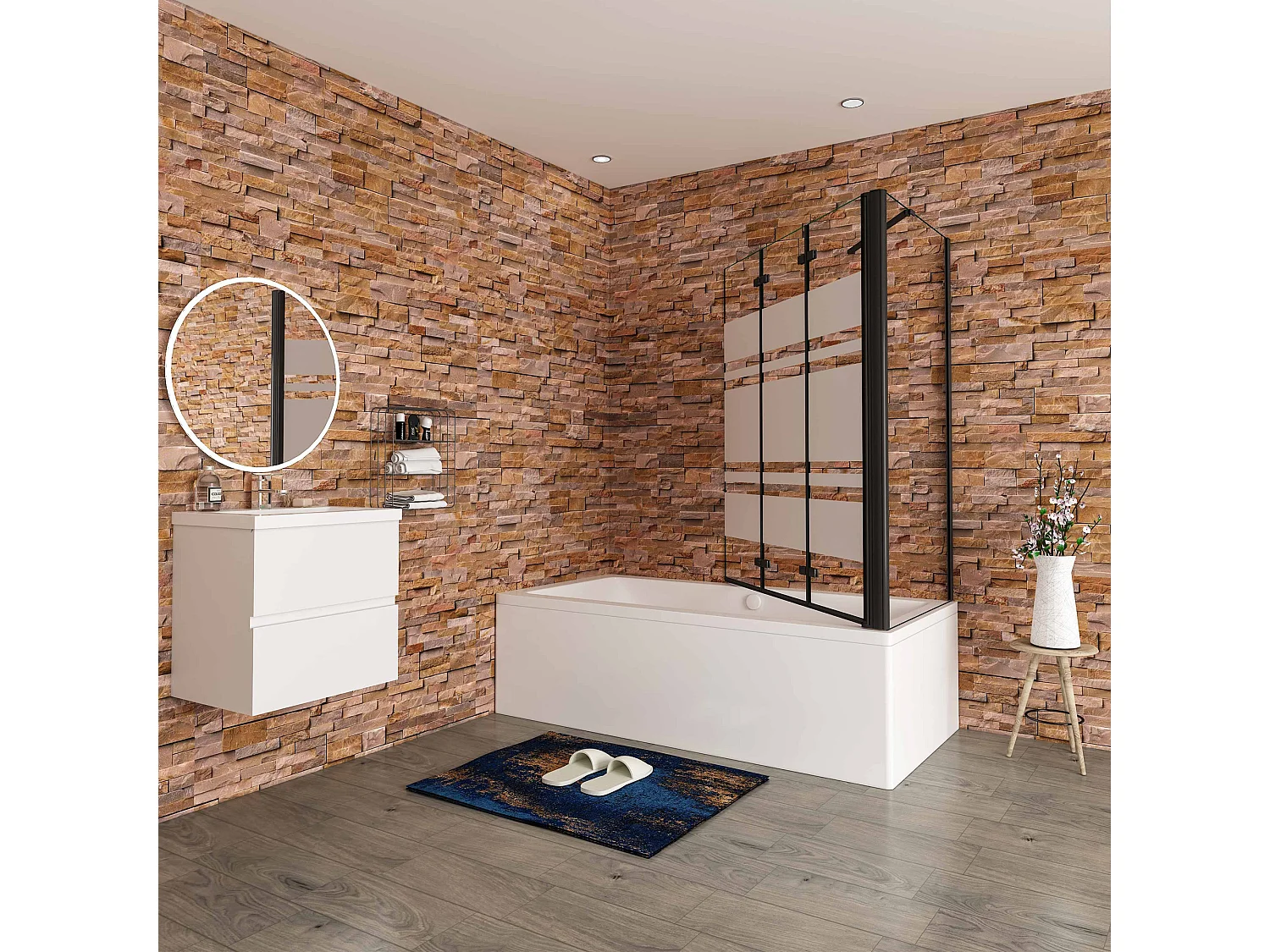 130x70x140cm Badwand 3 panelen vouwbaar met vast zijwand,6 mm nano helder veiligheidsglas met horizontale strepen - mat zwart profiel