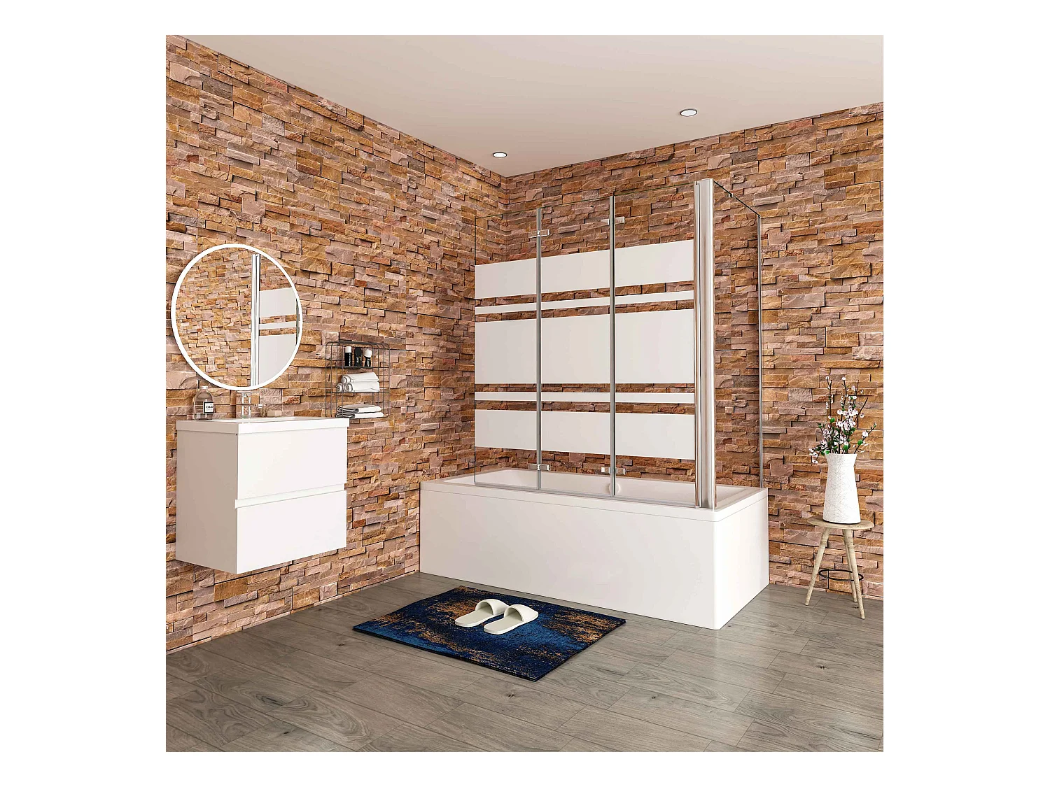 130x60x140cm Badwand 3 panelen vouwbaar met vast zijwand,6 mm nano helder veiligheidsglas met horizontale strepen - glanzend chroom