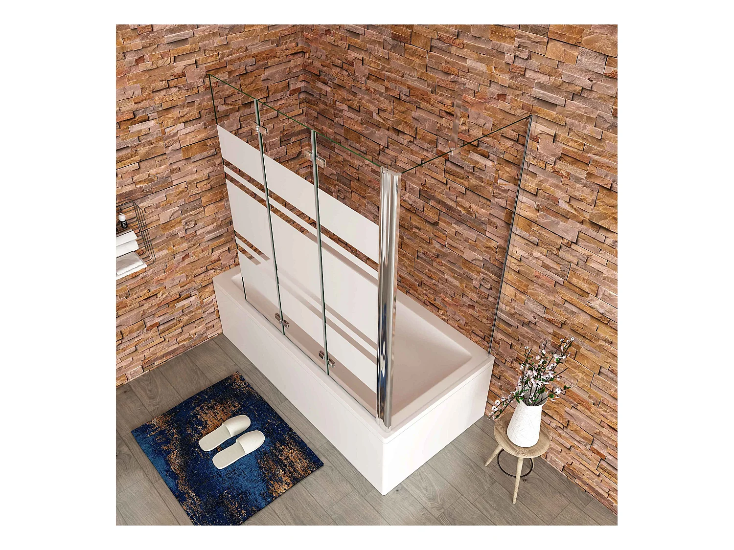 130x60x140cm Badwand 3 panelen vouwbaar met vast zijwand,6 mm nano helder veiligheidsglas met horizontale strepen - glanzend chroom