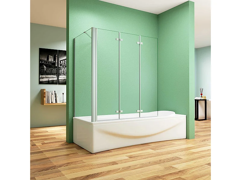 130x80x140cm Badscherm badwand 3 panelen vouwbaar met vast zijwand,6mm NANO helder ESG-veiligheidsglas,profiel van glanzend chroom