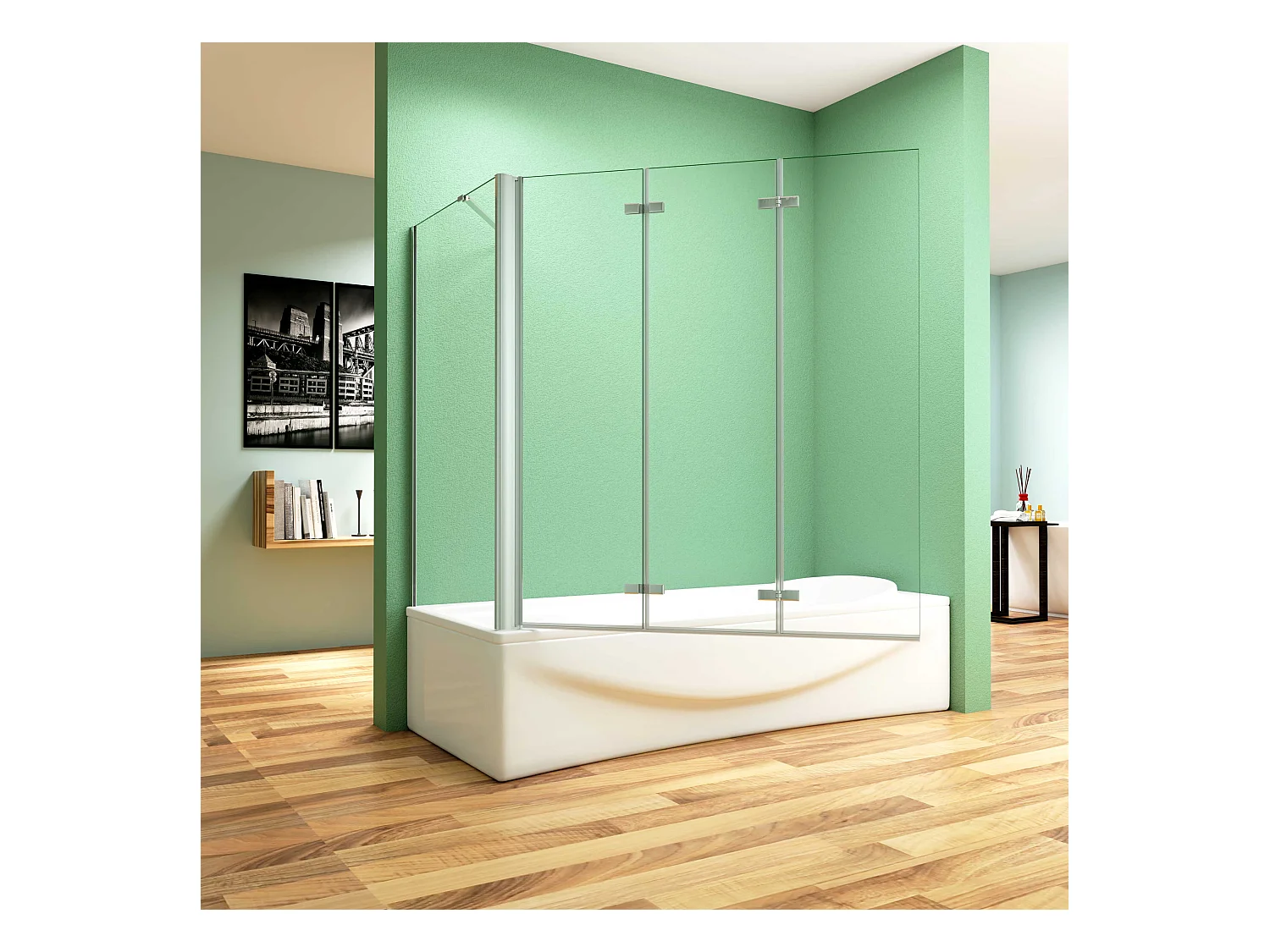 130x80x140cm Badscherm badwand 3 panelen vouwbaar met vast zijwand,6mm NANO helder ESG-veiligheidsglas,profiel van glanzend chroom