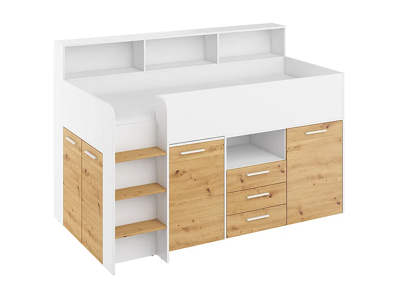 NEO L Etagenbett mit Schreibtisch, Schubladen und Regalen – weiß/douglas artisan, modernes Möbelstück für Kinderzimmer, sichere Leiter, Schlafbereich 80x200 cm