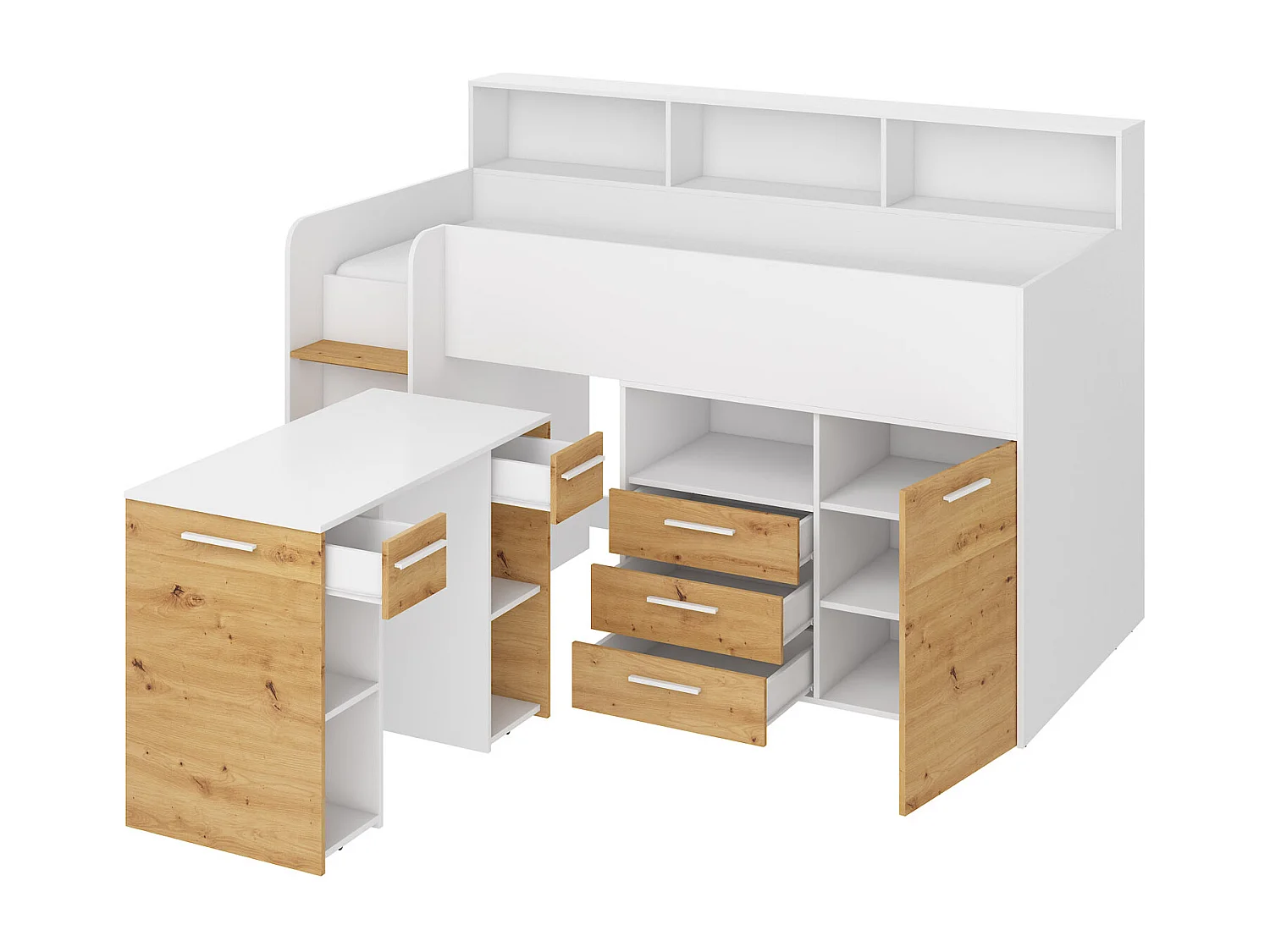 NEO L Etagenbett mit Schreibtisch, Schubladen und Regalen – weiß/douglas artisan, modernes Möbelstück für Kinderzimmer, sichere Leiter, Schlafbereich 80x200 cm