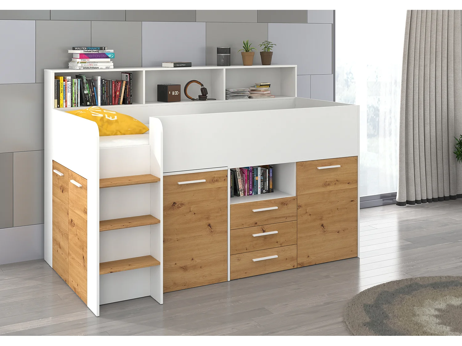 NEO L Etagenbett mit Schreibtisch, Schubladen und Regalen – weiß/douglas artisan, modernes Möbelstück für Kinderzimmer, sichere Leiter, Schlafbereich 80x200 cm