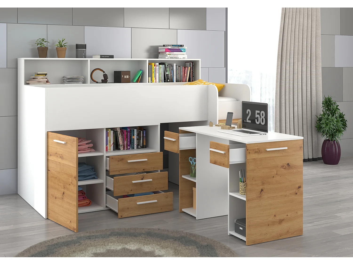 NEO L Etagenbett mit Schreibtisch, Schubladen und Regalen – weiß/douglas artisan, modernes Möbelstück für Kinderzimmer, sichere Leiter, Schlafbereich 80x200 cm