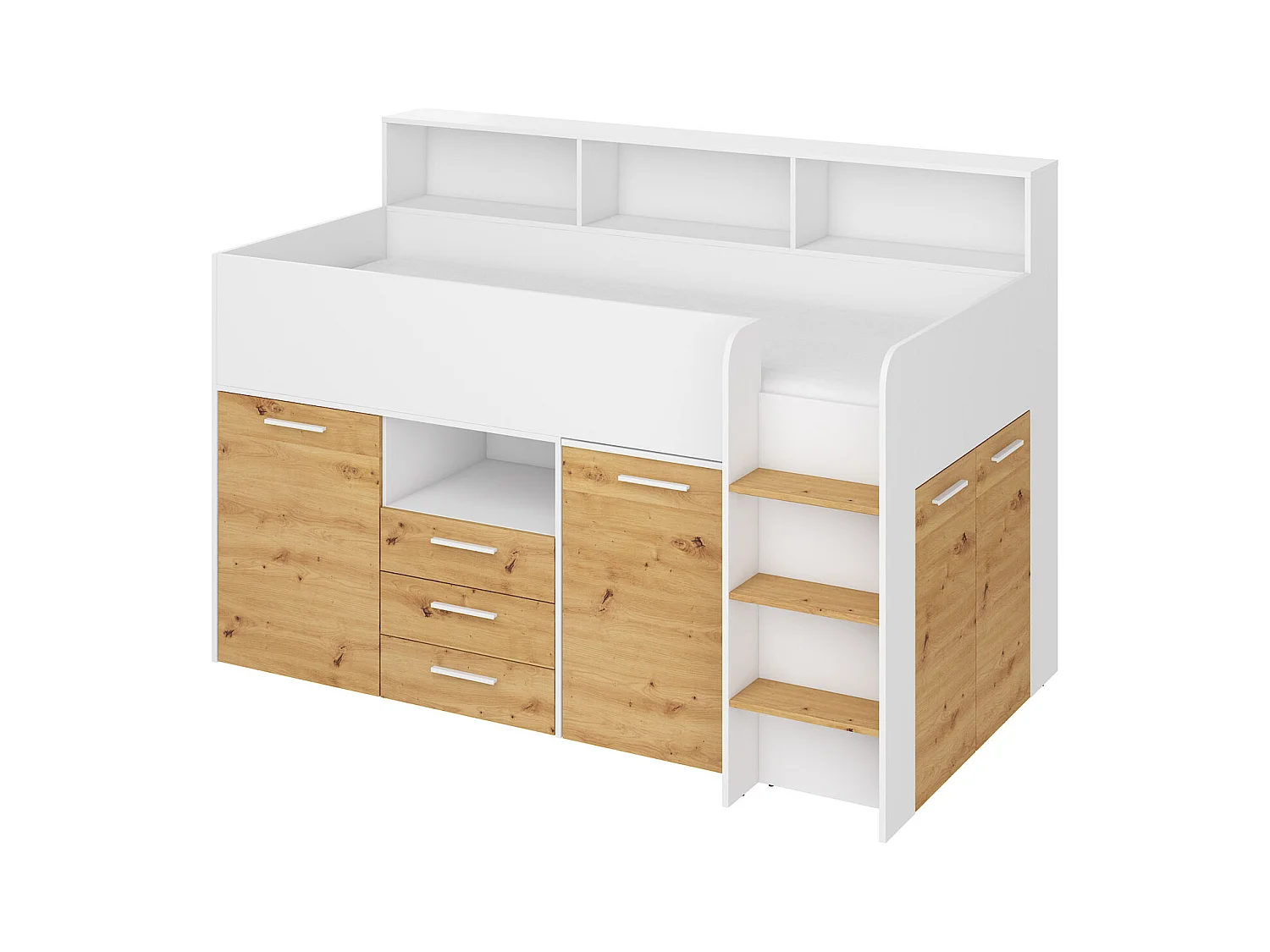 NEO P Etagenbett mit Schreibtisch, Schubladen und Regalen – weiß/douglas artisan, modernes Möbelstück für Kinderzimmer, sichere Leiter, Schlafbereich 80x200 cm