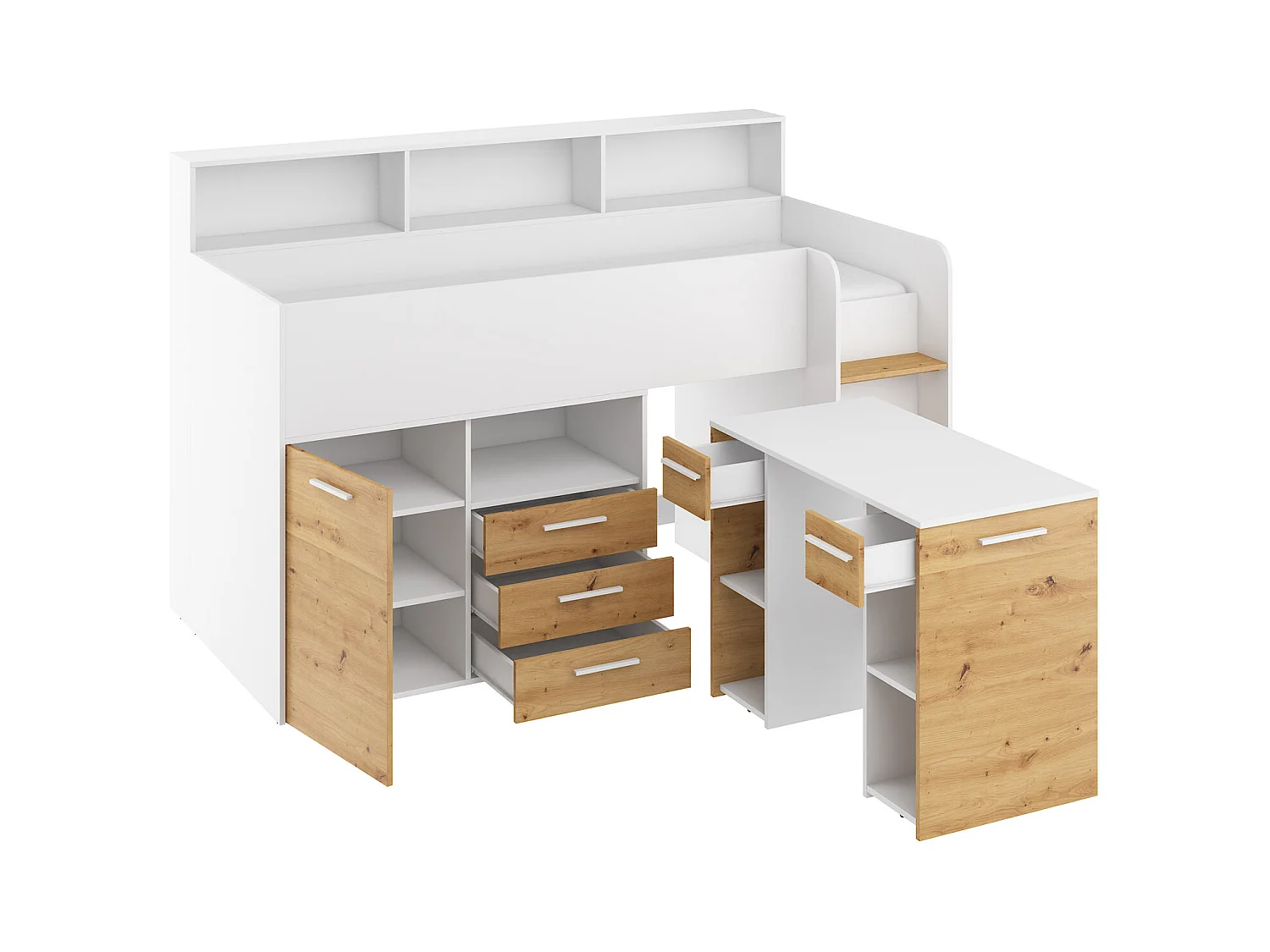 NEO P Etagenbett mit Schreibtisch, Schubladen und Regalen – weiß/douglas artisan, modernes Möbelstück für Kinderzimmer, sichere Leiter, Schlafbereich 80x200 cm