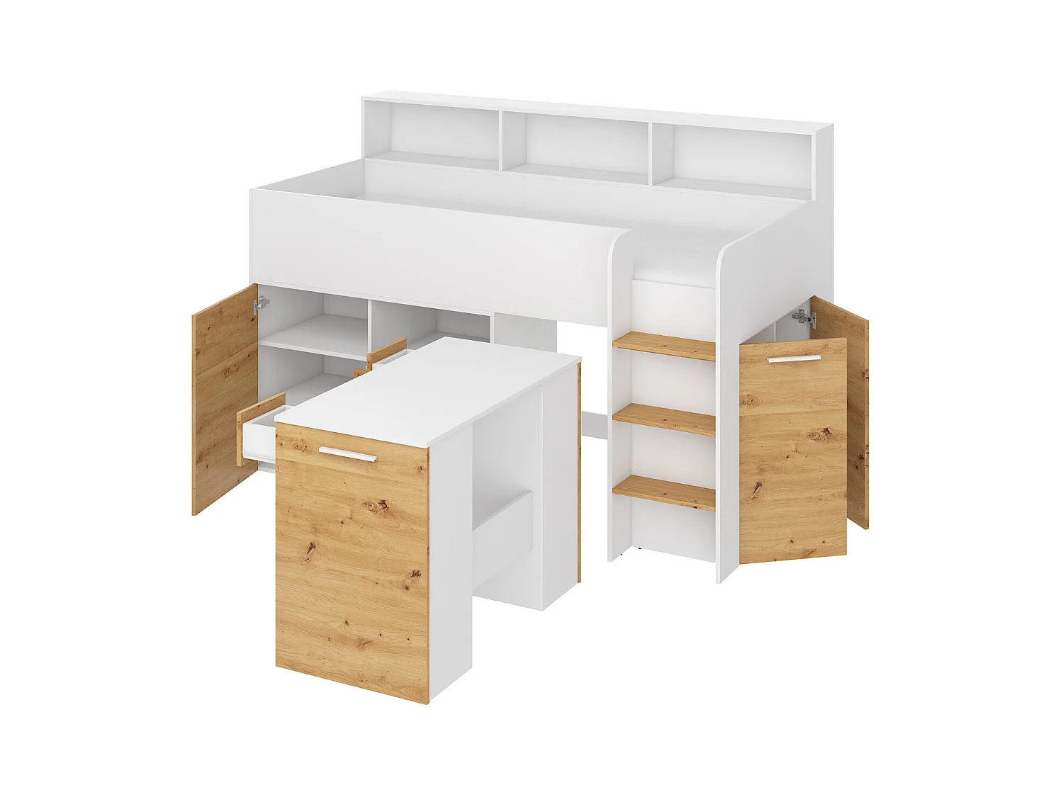 NEO P Etagenbett mit Schreibtisch, Schubladen und Regalen – weiß/douglas artisan, modernes Möbelstück für Kinderzimmer, sichere Leiter, Schlafbereich 80x200 cm