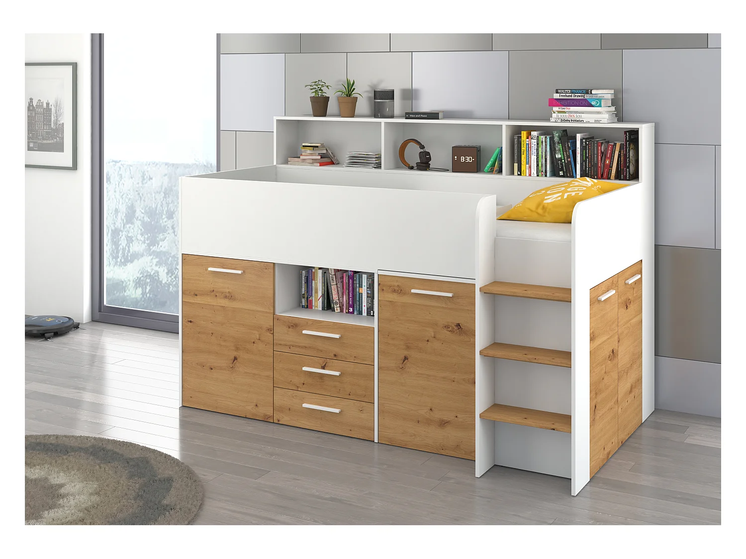 NEO P Etagenbett mit Schreibtisch, Schubladen und Regalen – weiß/douglas artisan, modernes Möbelstück für Kinderzimmer, sichere Leiter, Schlafbereich 80x200 cm