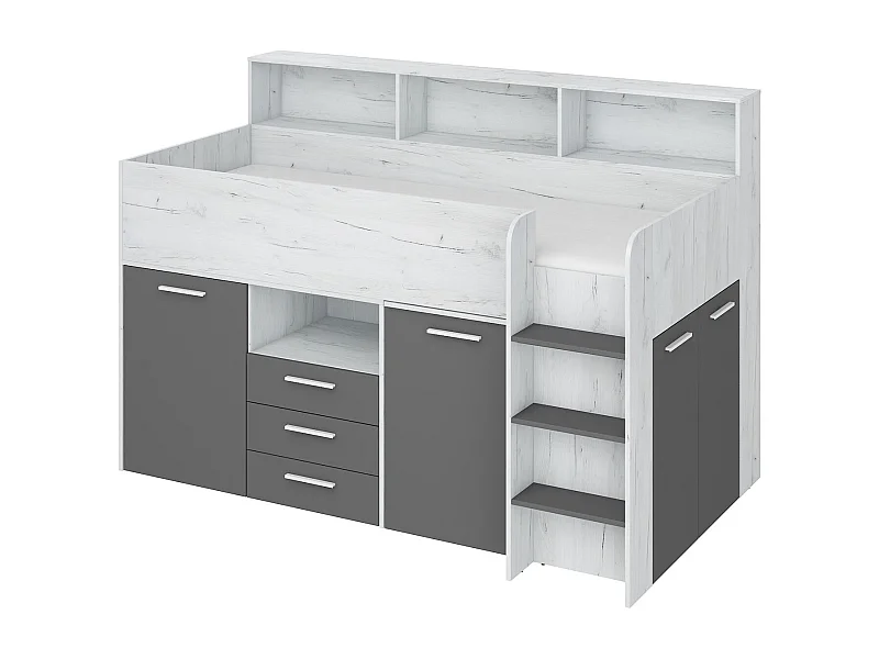 NEO P Etagenbett mit Schreibtisch, Schubladen und Regalen – weiß/graphit, modernes Möbelstück für Kinderzimmer, sichere Leiter, Schlafbereich 80x200 cm