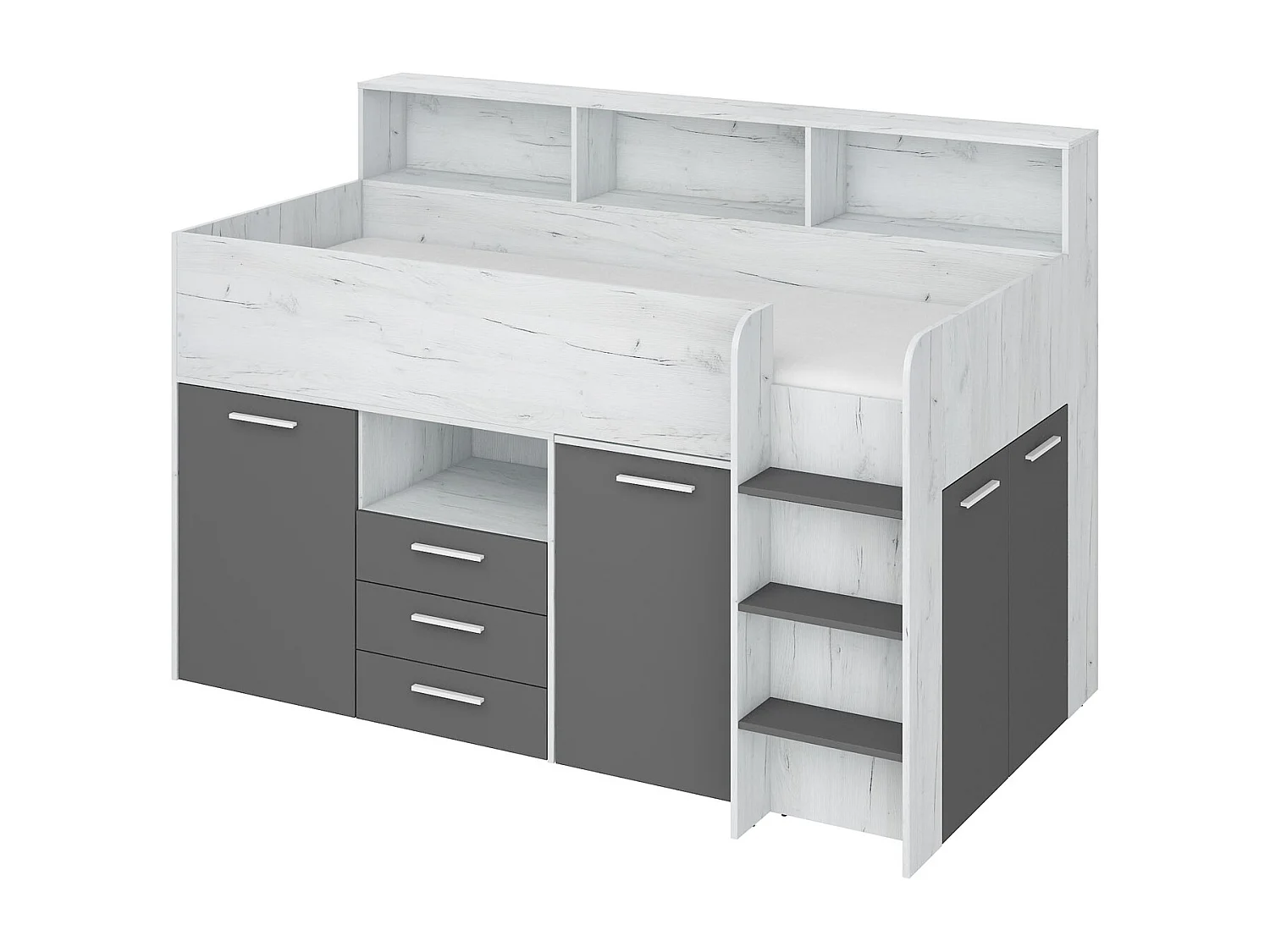 NEO P Etagenbett mit Schreibtisch, Schubladen und Regalen – weiß/graphit, modernes Möbelstück für Kinderzimmer, sichere Leiter, Schlafbereich 80x200 cm